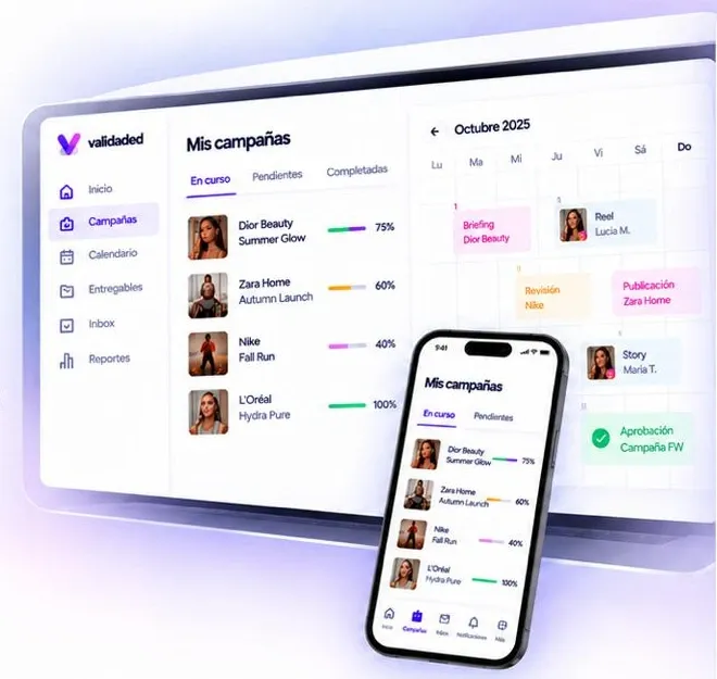 Panel de campañas y calendario de Validaded en escritorio, con la app móvil delante.